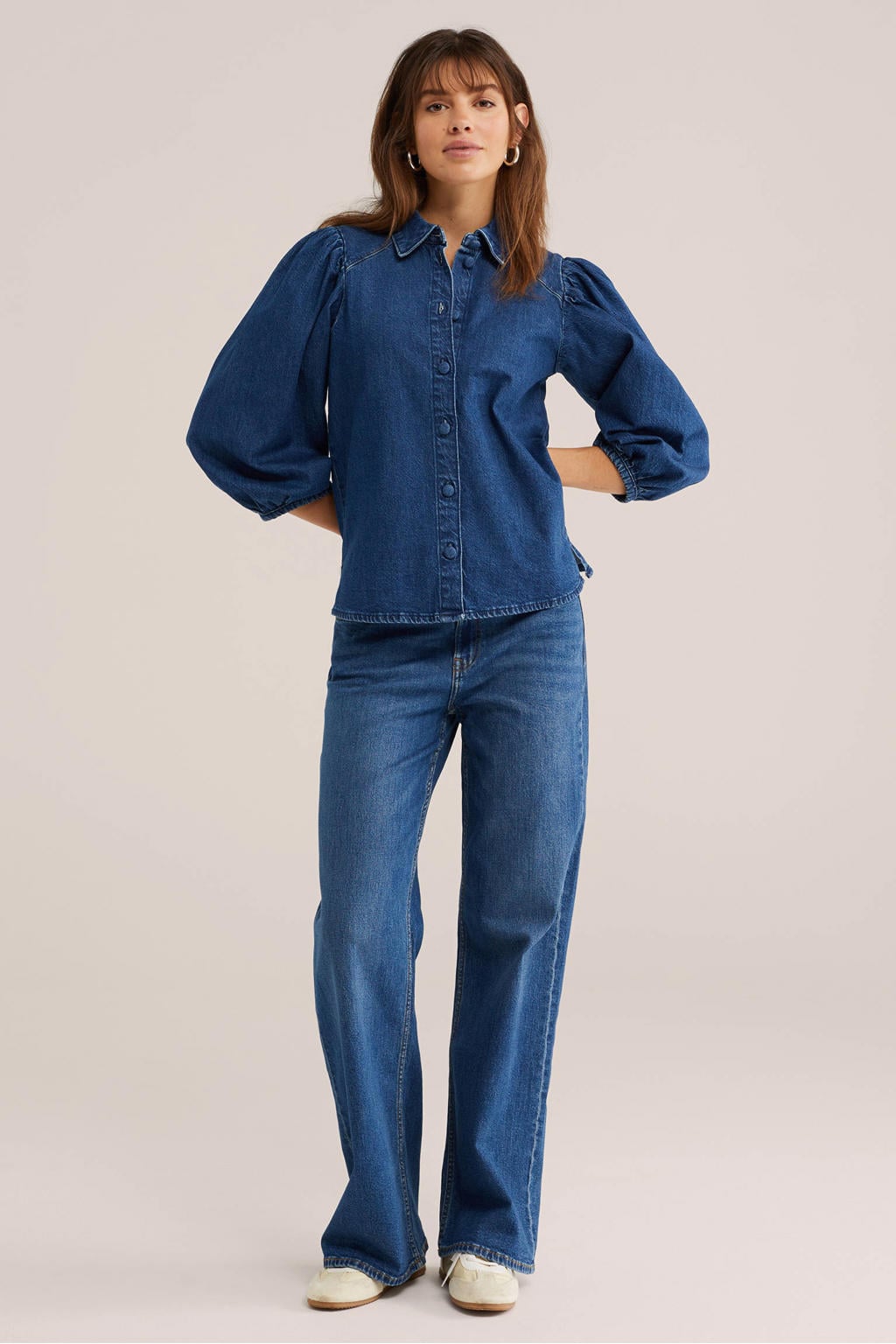 Dark blue denim dames - van denim met effen, driekwart mouwen, klassieke kraag en knoopsluiting