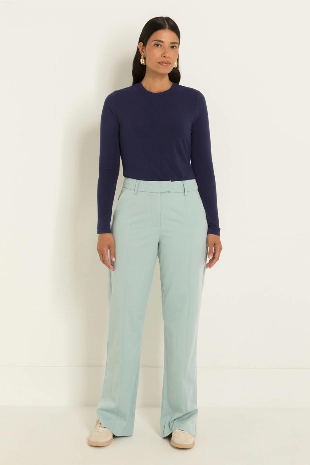 Donkerblauwe dames CLAUDIA BY CLAUDIA STRÄTER top van viscose met effen, lange mouwen en ronde hals