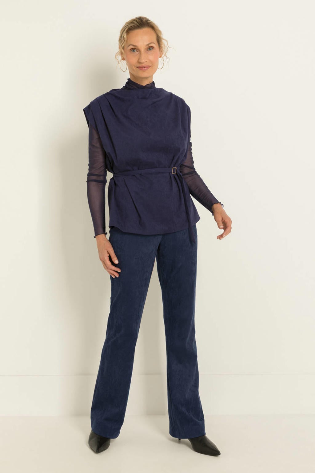 Donkerblauwe dames CLAUDIA BY CLAUDIA STRÄTER top van polyester met effen, watervalhals en ceintuur