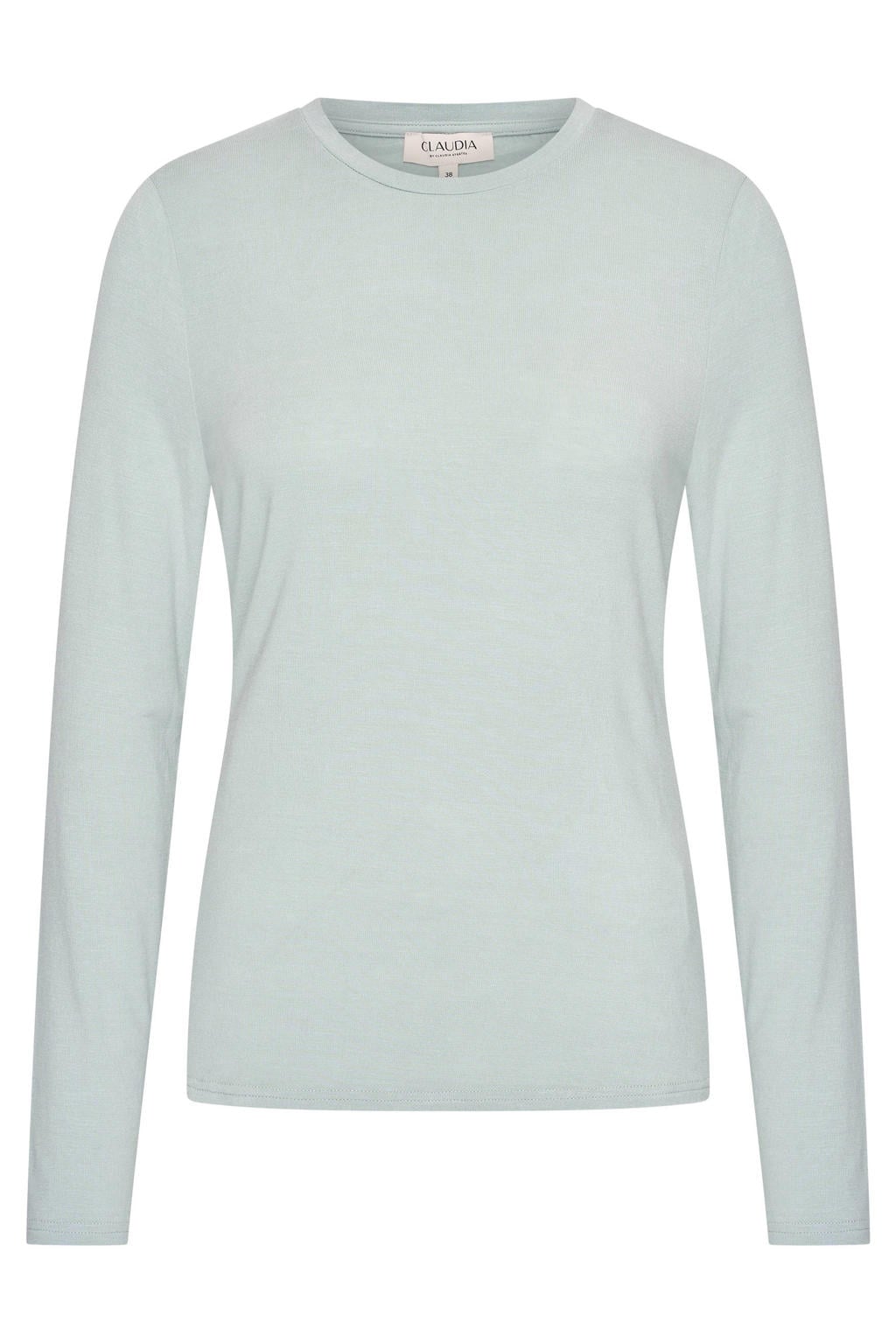 Grijsblauwe dames CLAUDIA BY CLAUDIA STRÄTER top blauw van viscose met effen, lange mouwen en ronde hals