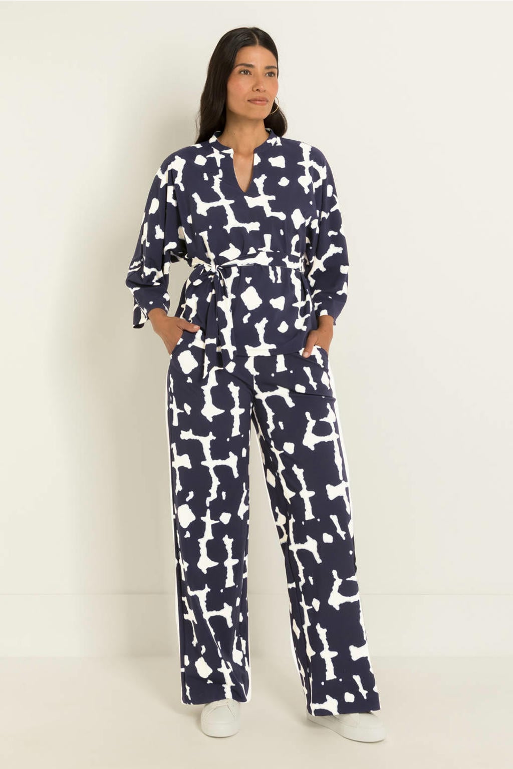CLAUDIA BY CLAUDIA STRÄTER wide leg broek met print van travelstof - donkerblauw