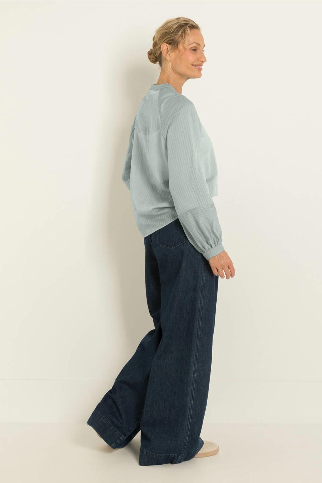 Grijsblauwe dames CLAUDIA BY CLAUDIA STRÄTER blouse blauw van lyocell met effen, lange mouwen, ronde hals en knoopsluiting