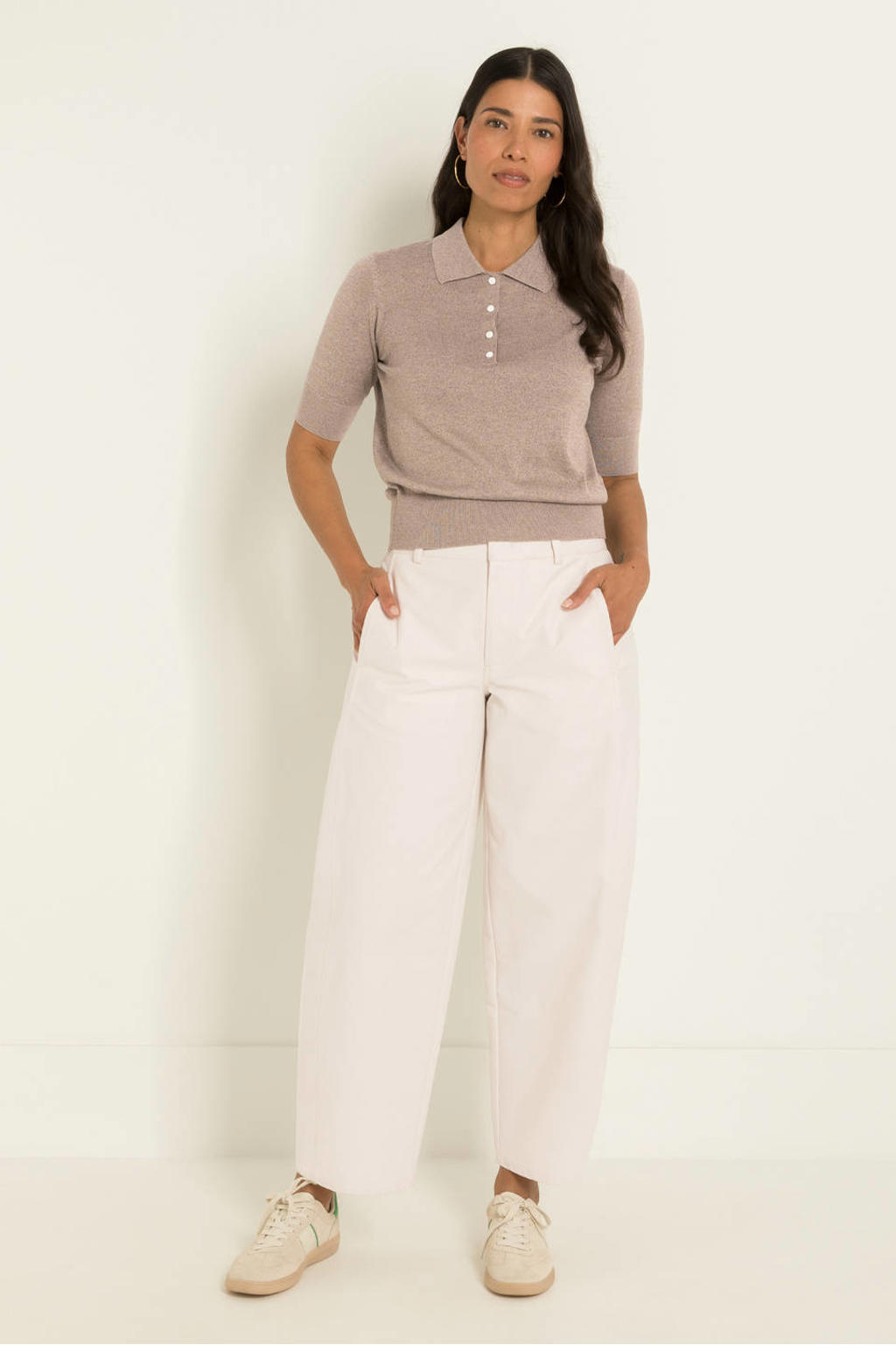 Beige dames CLAUDIA BY CLAUDIA STRÄTER van tencel met effen, driekwart mouwen en polo kraag