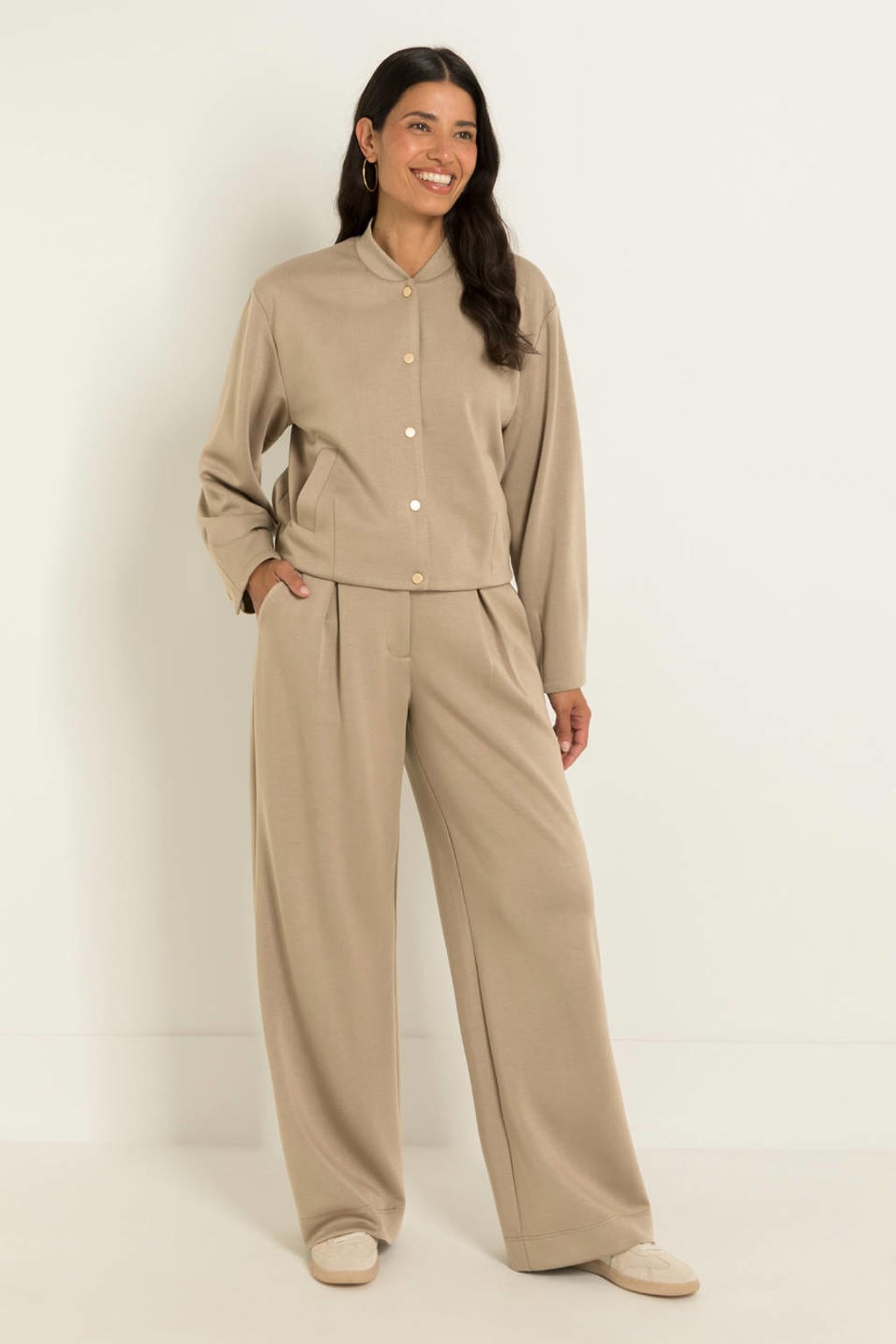 Beige dames CLAUDIA BY CLAUDIA STRÄTER sweat bomberjack van katoen met effen, lange mouwen en opstaande kraag