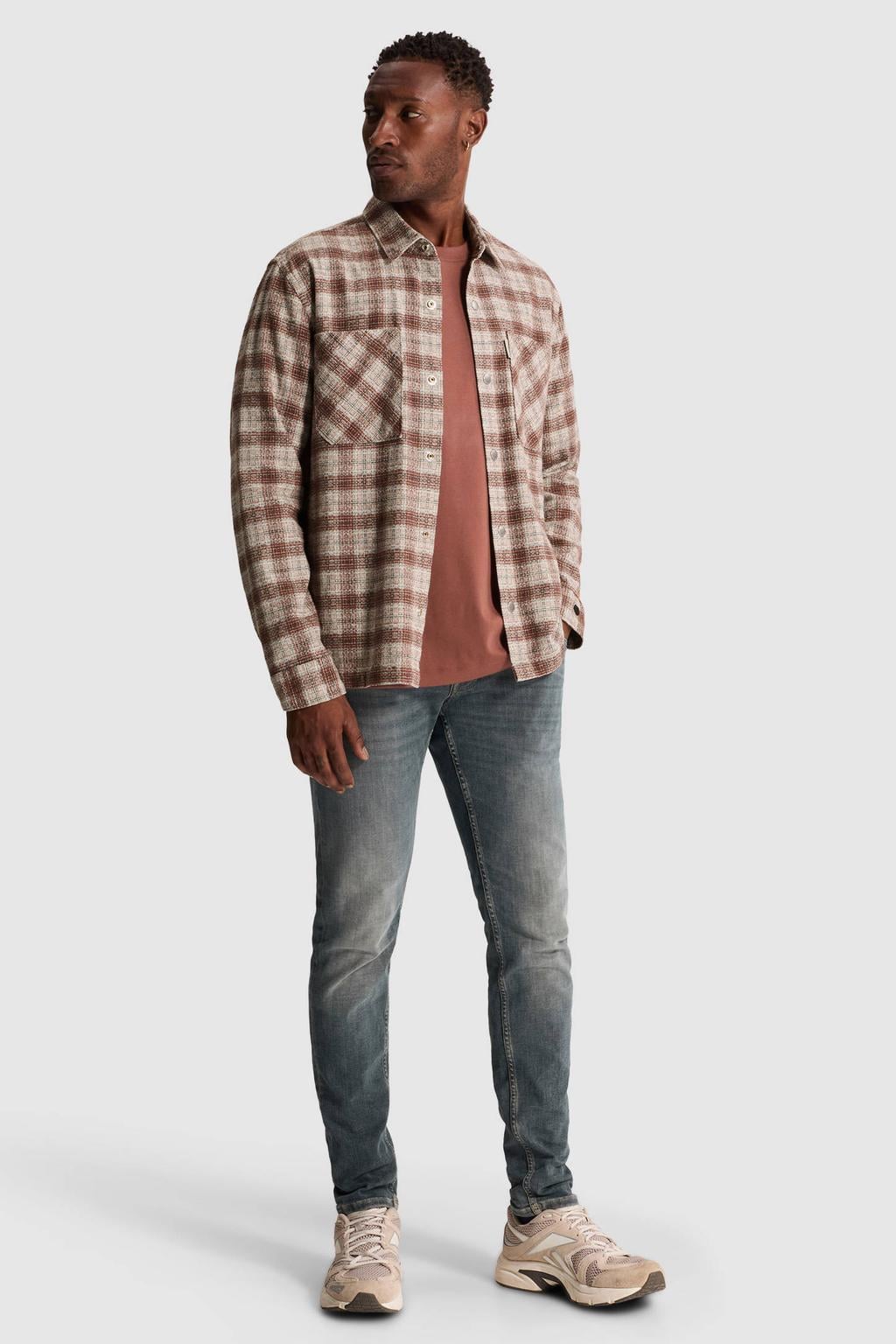 Roodbruine heren Cast Iron regular fit geruit overshirt bruin van katoen met lange mouwen, klassieke kraag en drukknoopsluiting