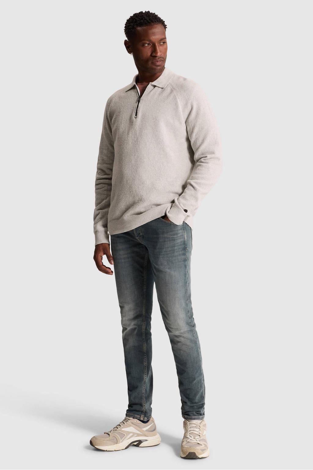 Grijze heren Cast Iron regular fit gebreide trui van wol met effen, lange mouwen en polo kraag