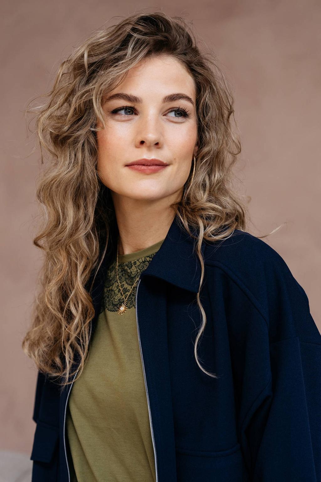 Donkerblauwe dames &Co Woman jas van polyester met effen en lange mouwen