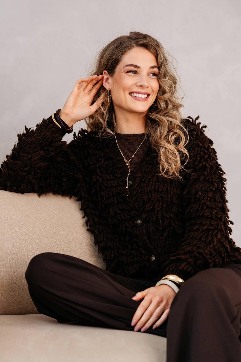 &Co Woman vest met franjes en wol - bruin
