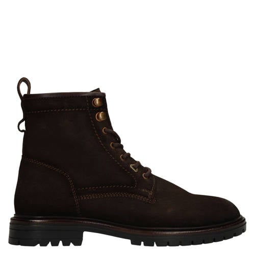 Manfield suède veterboots met profielzool donkerbruin