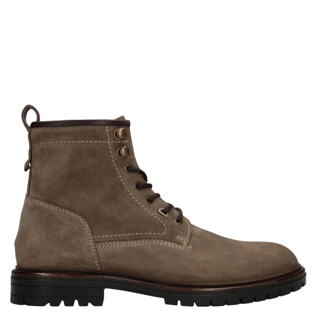 Taupe heren Manfield suède veterboots met profielzool -