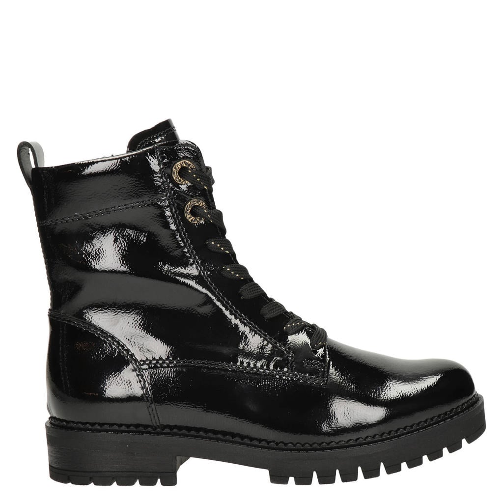 Zwarte dames Gabor lakleren veterboots met profielzool -