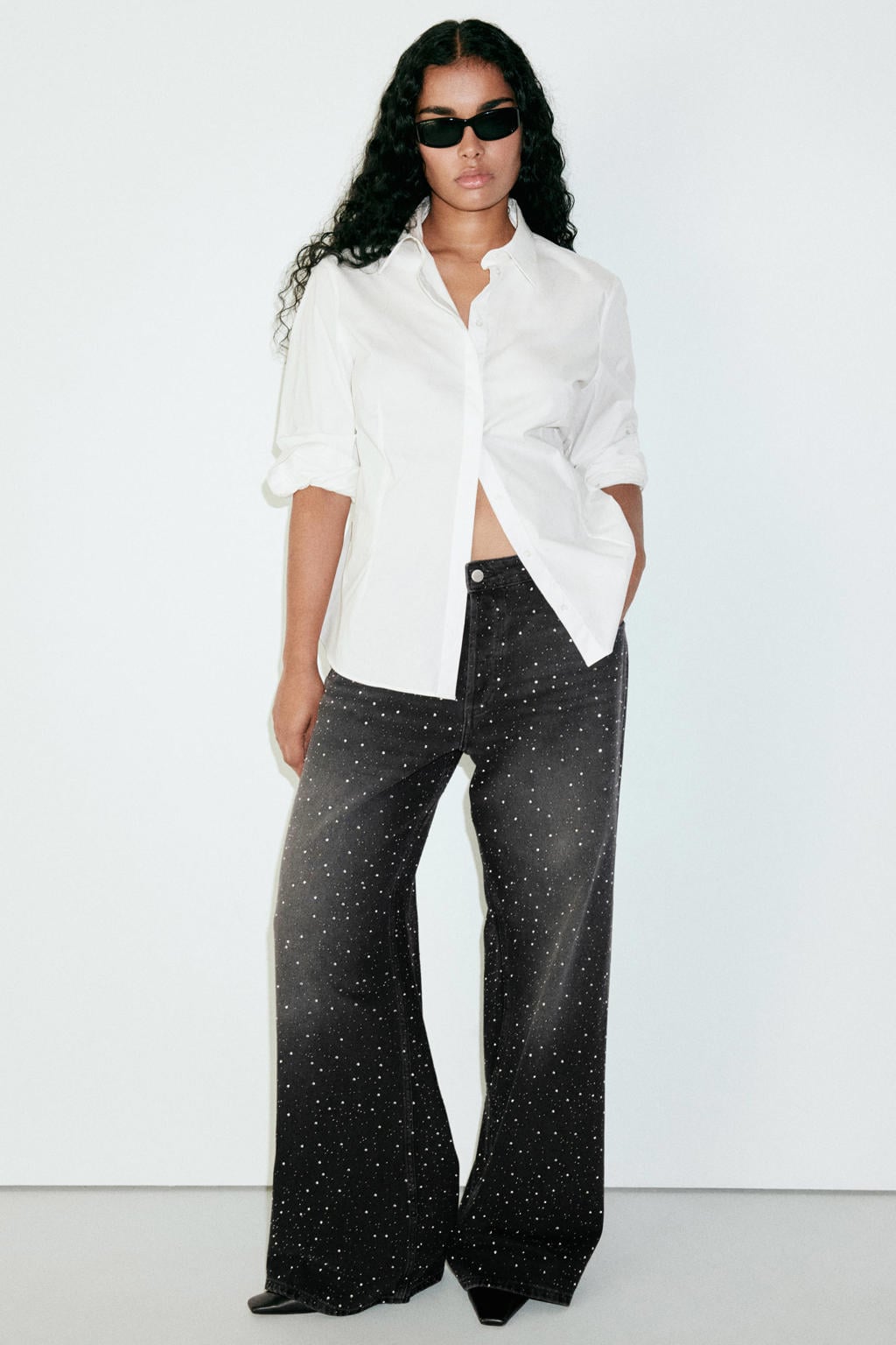 Black denim dames Mango wide leg jeans van denim met rits- en knoopsluiting en effen