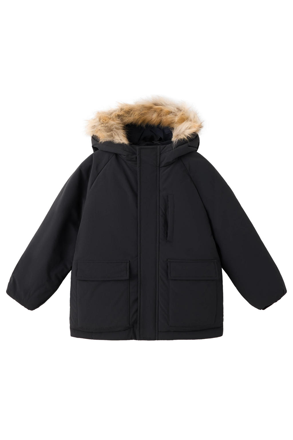 Mango Kids winterparka met imitatiebontkraag - zwart