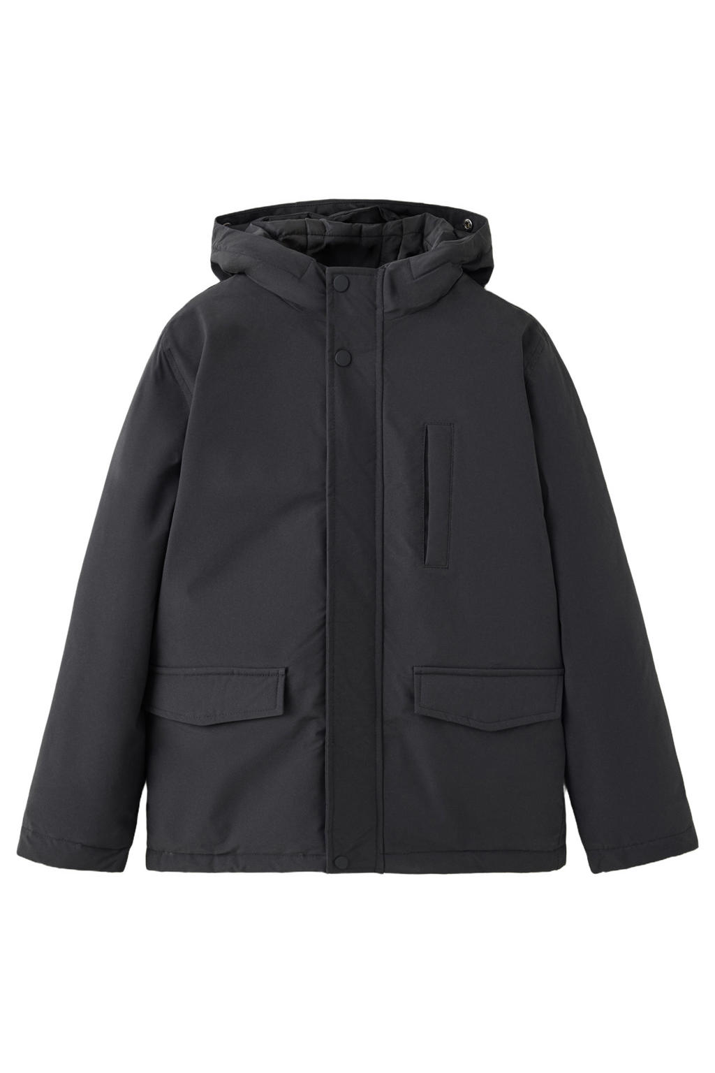 Mango Kids winterparka met imitatiebontkraag - zwart