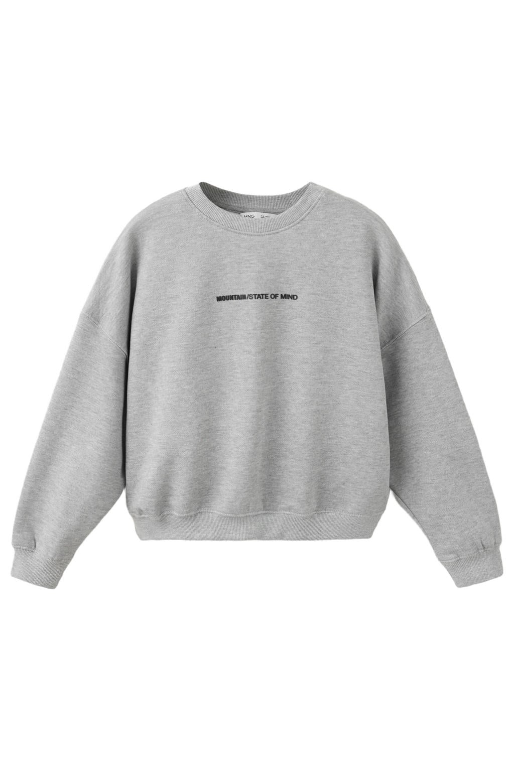 Grijs melange meisjes Mango Kids boxy sweater met tekst print, lange mouwen, ronde hals en geribde boorden
