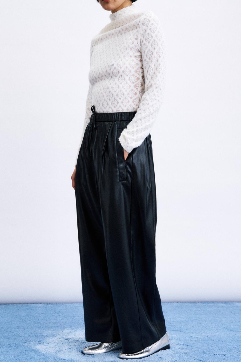 FRNCH imitatieleren wide leg broek - zwart