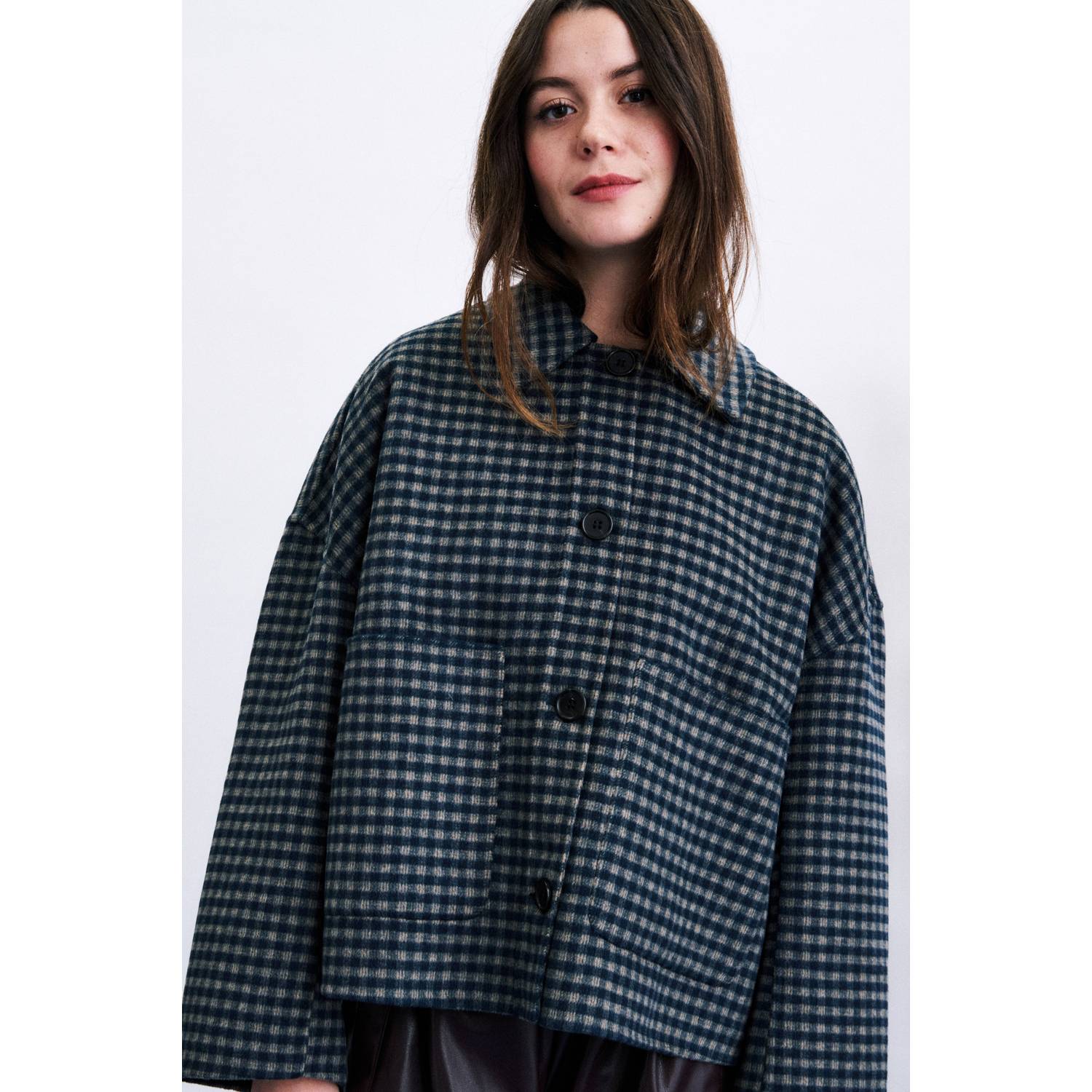 FRNCH wollen geruite jas blauw