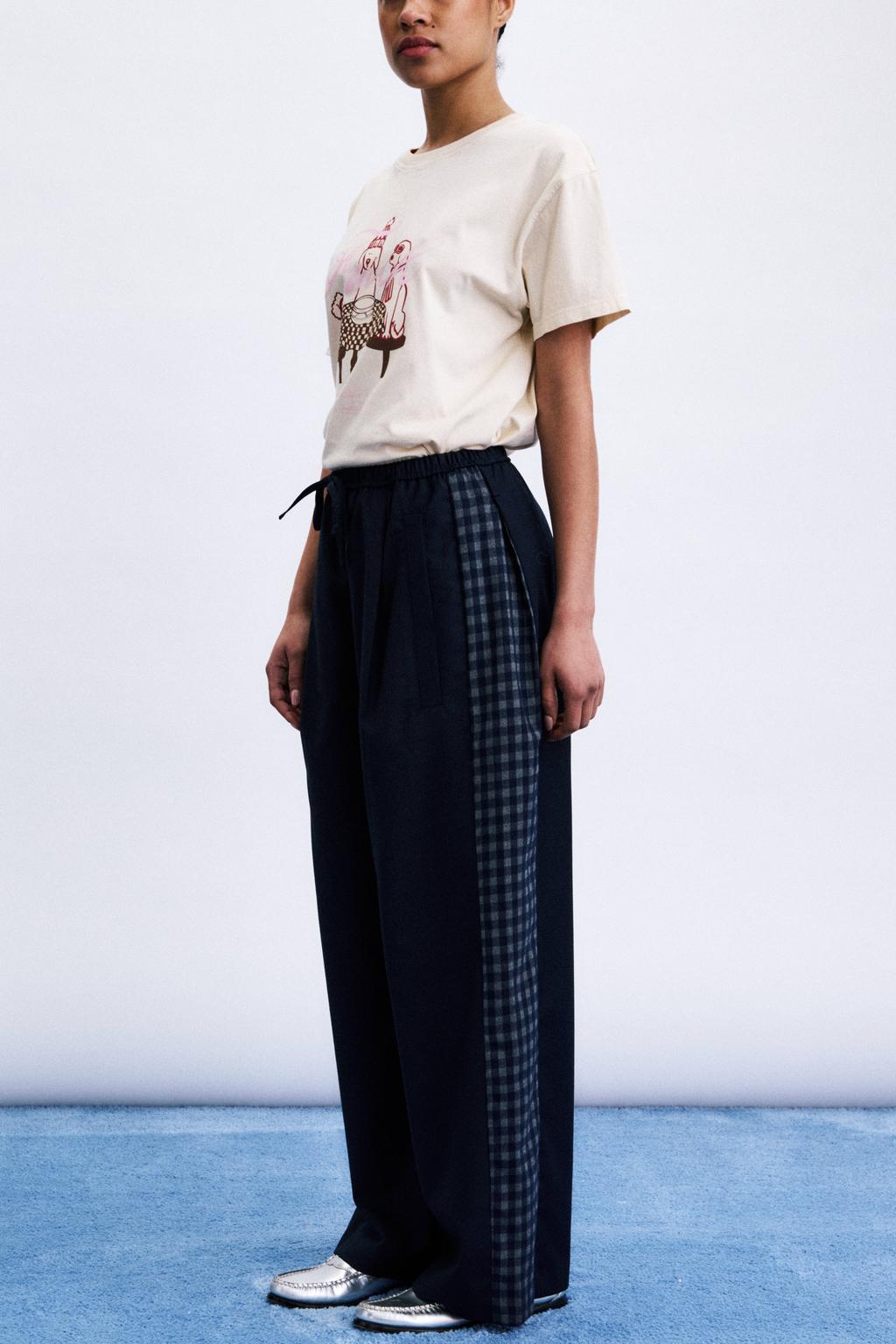 FRNCH wide leg geruite broek - donkerblauw