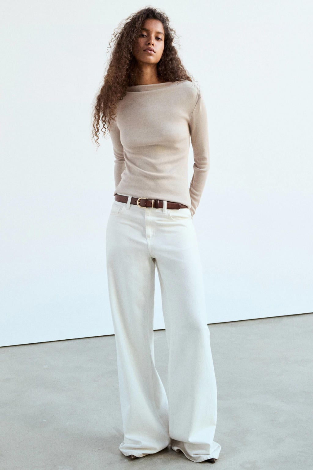 Beige dames Mango top van polyester met effen, lange mouwen en boothals