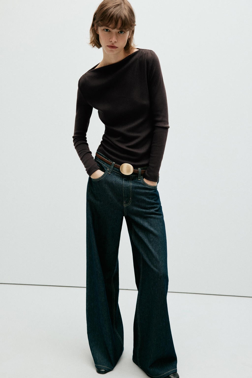 Bruine dames Mango top van polyester met effen, lange mouwen en boothals