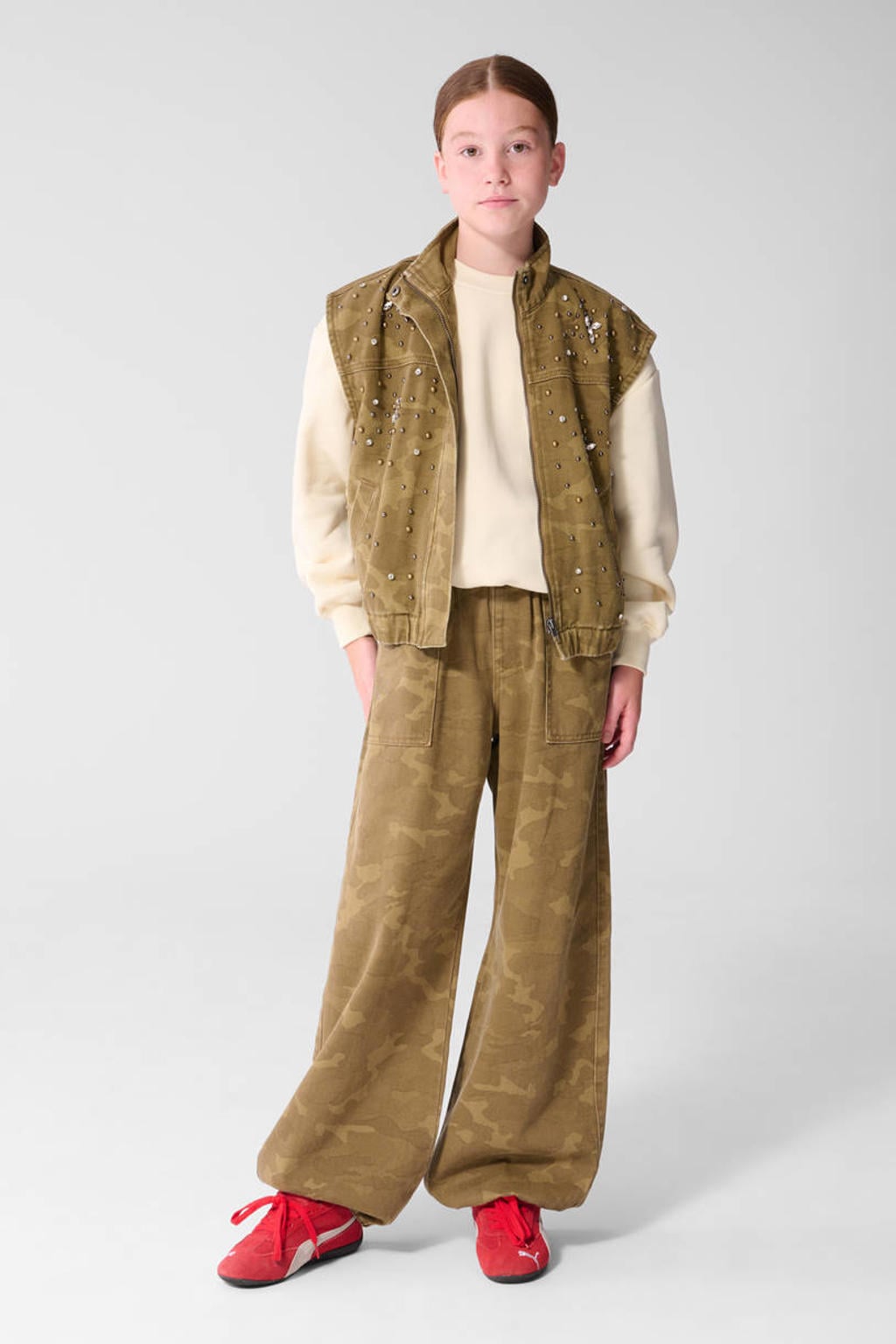 Groene meisjes Shoeby ballon camouflage casual broek van katoen met high waist en elastische tailleband