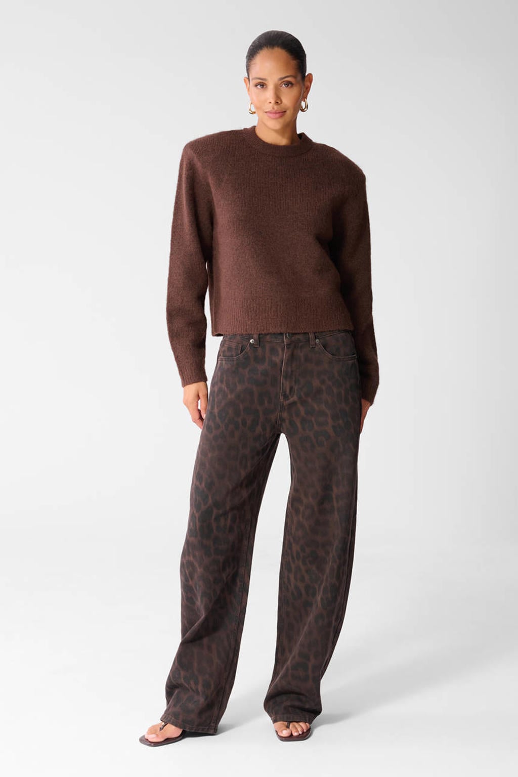 Shoeby wide leg jeans met panterprint - bruin