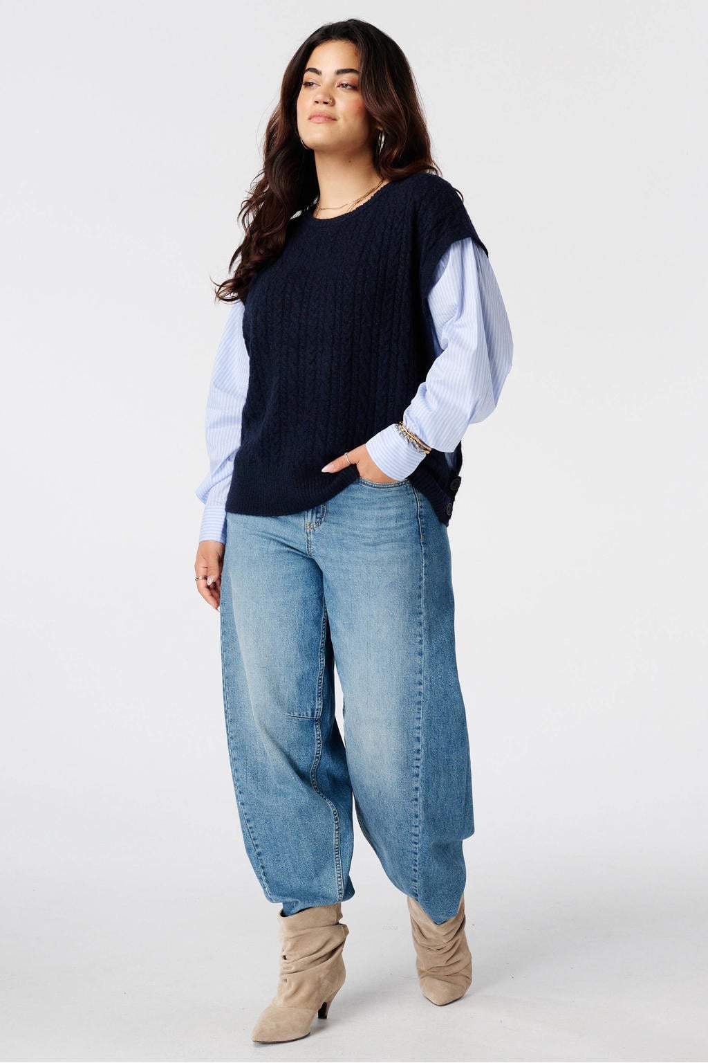 MS Mode trui met kabels - donkerblauw/wit