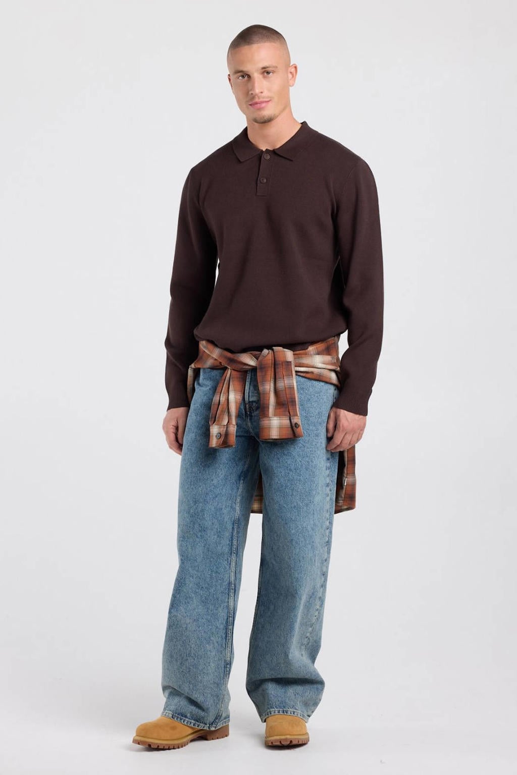 Bruine heren America Today regular fit polo van viscose met effen, lange mouwen en geribde boorden