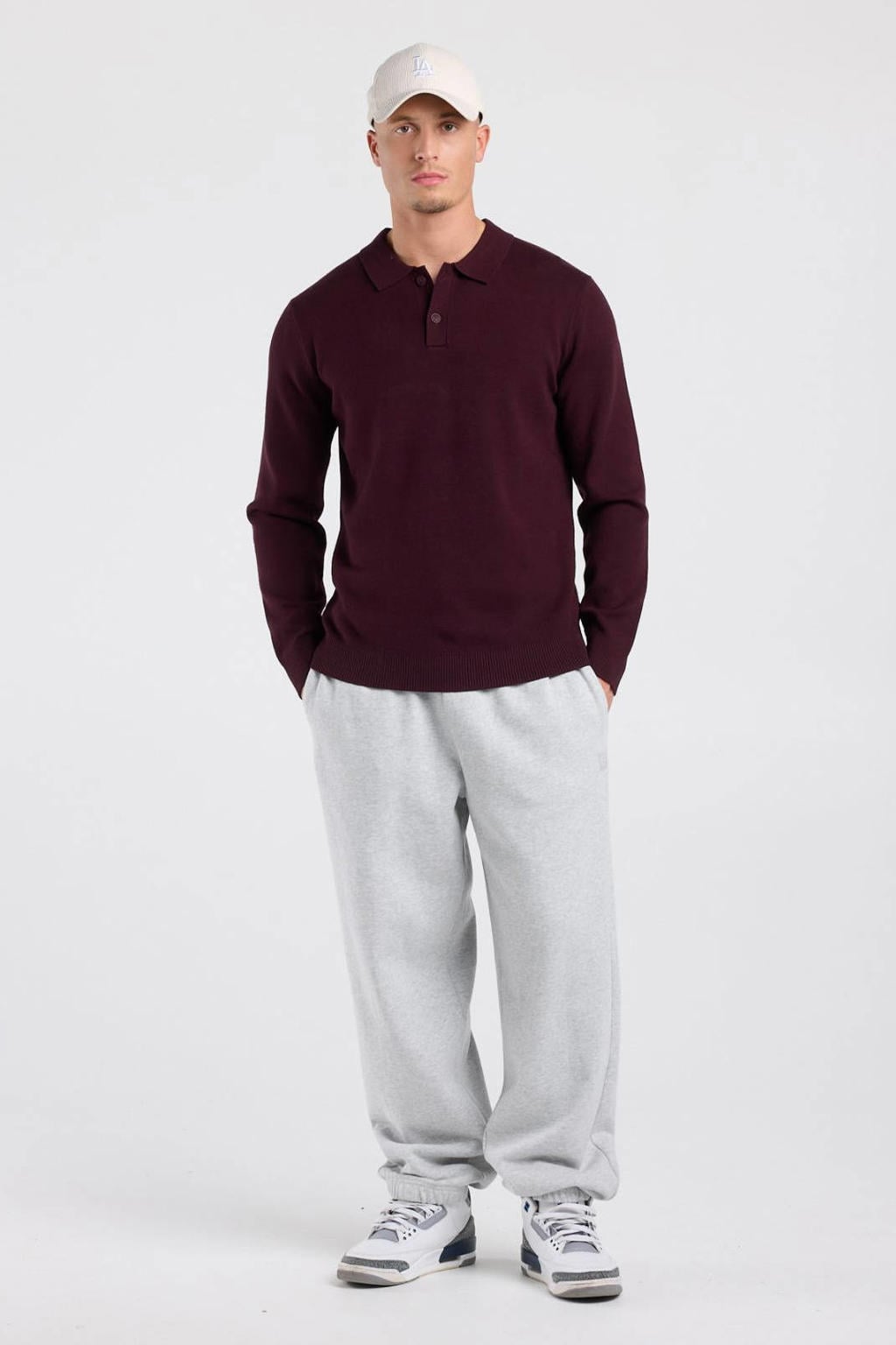 Donkerrode heren America Today regular fit polo rood van viscose met effen en lange mouwen