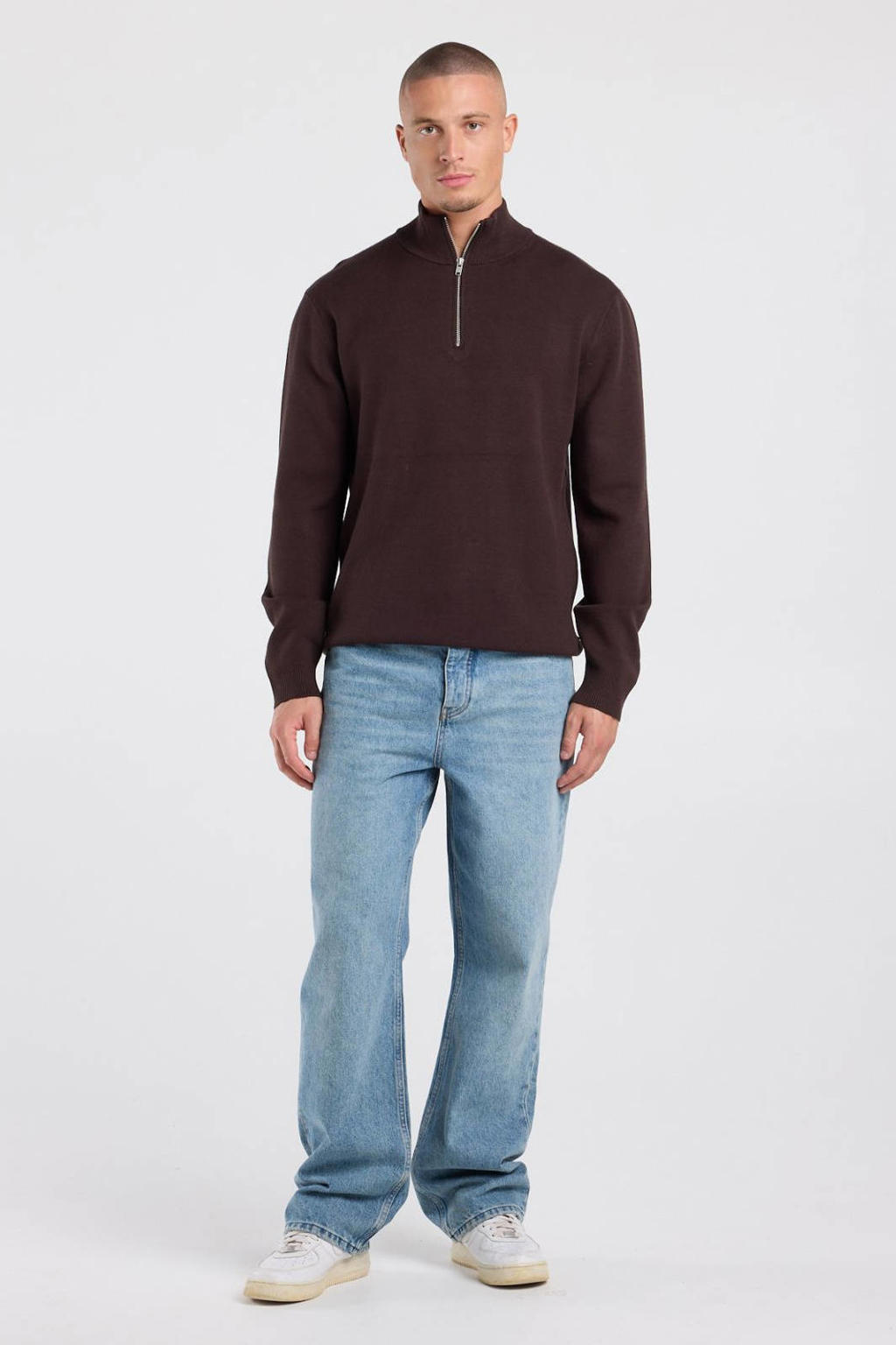 Donkerblauwe heren America Today regular fit gebreide trui van viscose met effen, lange mouwen en opstaande kraag