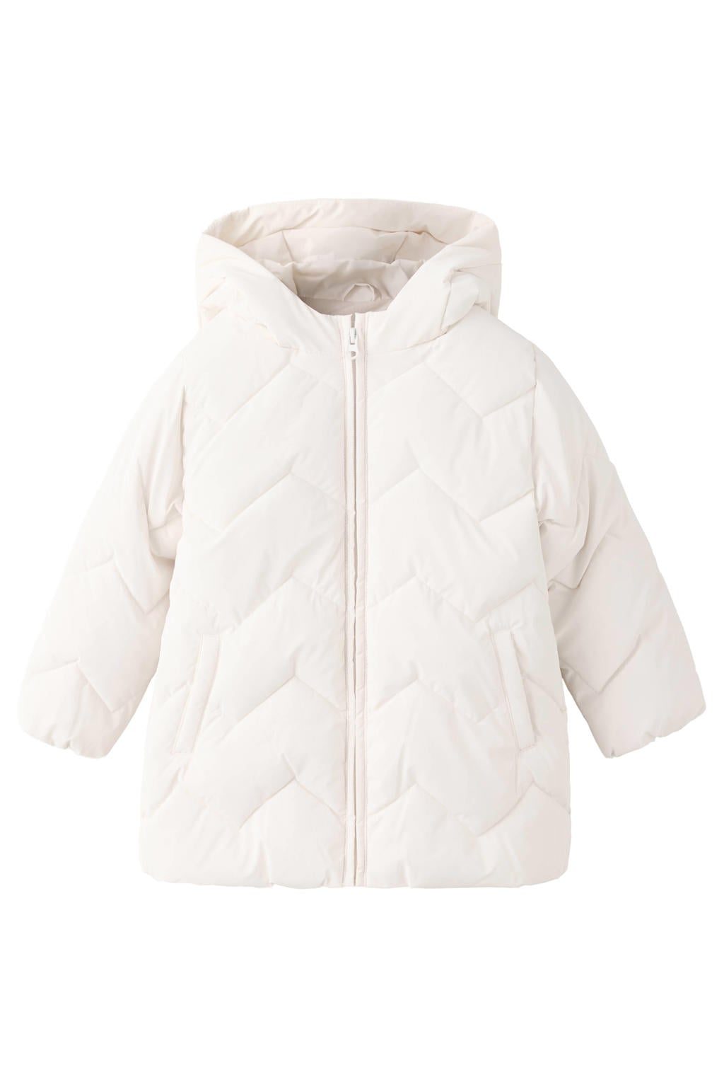Witte meisjes Mango Kids winterjas van polyester met effen, lange mouwen, capuchon en ritssluiting