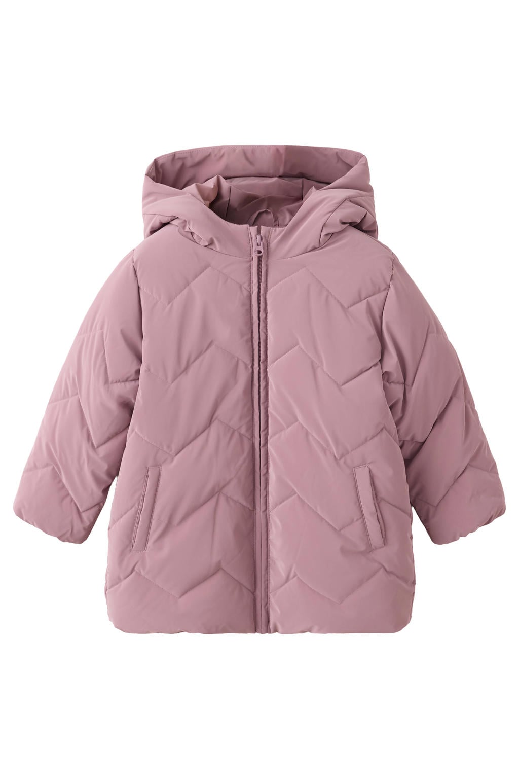 Paarse meisjes Mango Kids winterjas van polyester met effen, lange mouwen, capuchon en ritssluiting