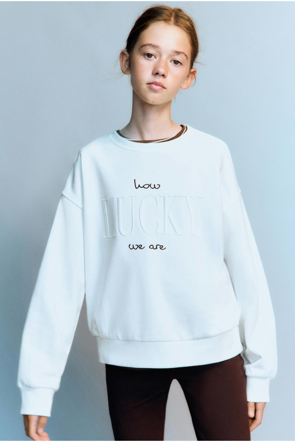 Ecru meisjes Mango Kids sweater met tekst print, lange mouwen en ronde hals