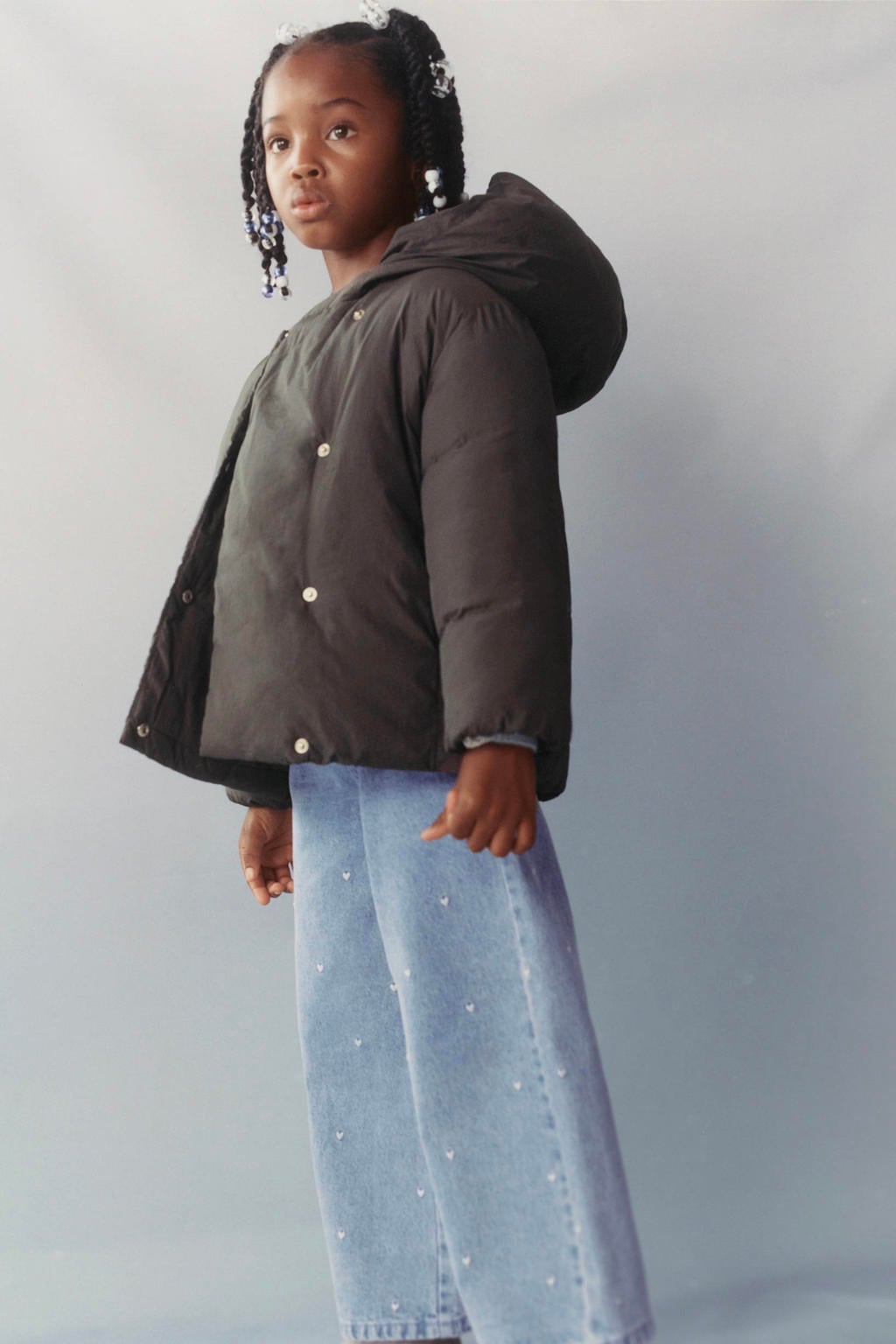 Light blue denim meisjes Mango Kids wide leg jeans van denim met rits- en knoopsluiting en hartjesprint