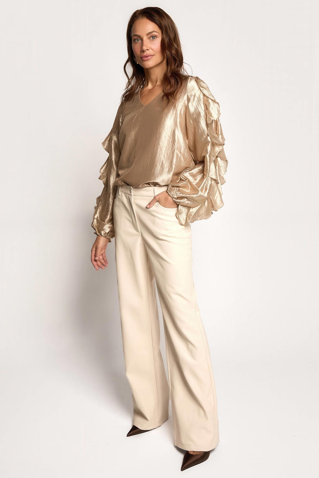 Gouden dames Freebird blouse van polyester met effen, lange mouwen, klassieke kraag en knoopsluiting