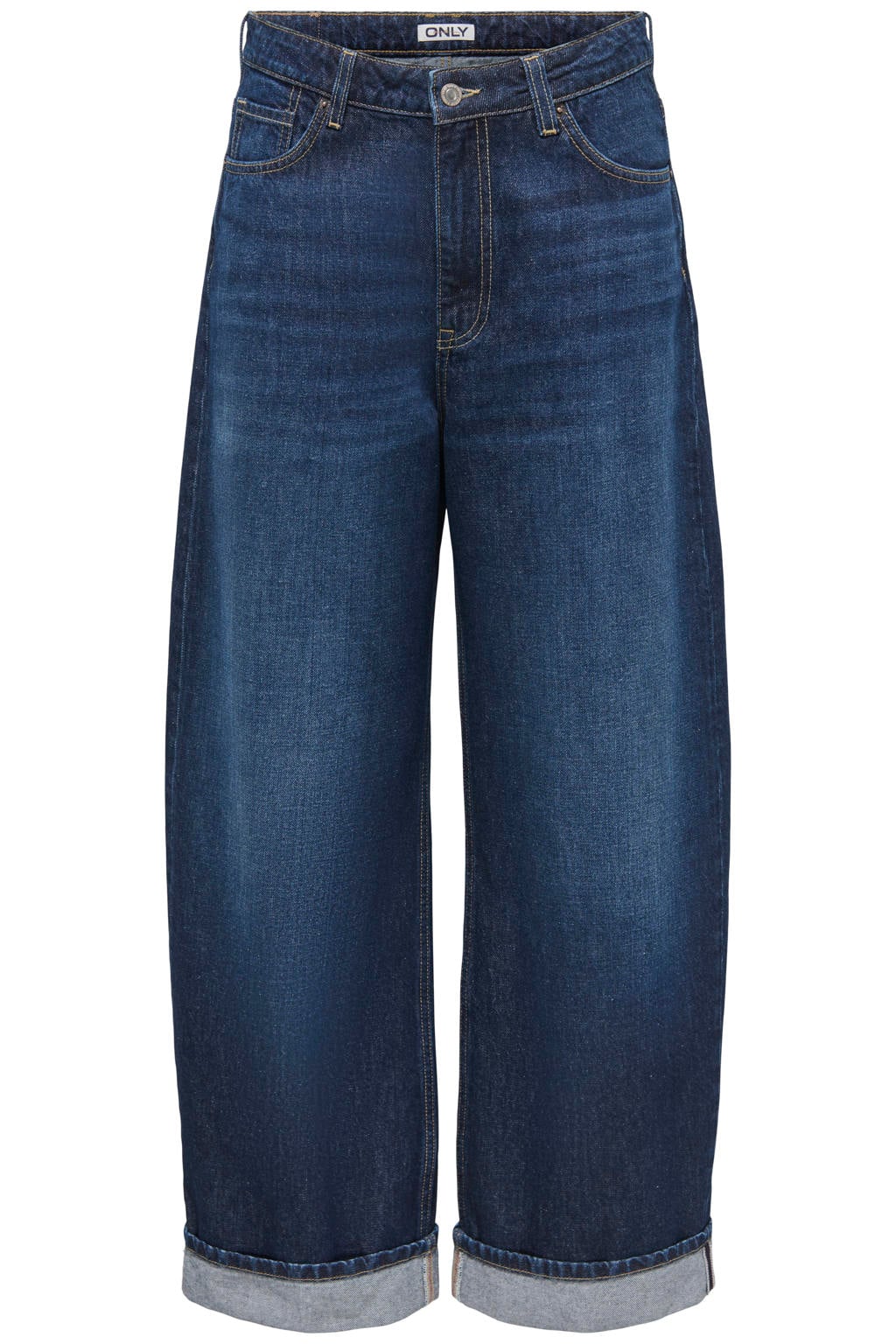 Dark blue denim dames ONLY Onlvanray Mw Loose Fold Up Dnm Cro223 jeans dark blue met high waist, rits- en knoopsluiting en effen
