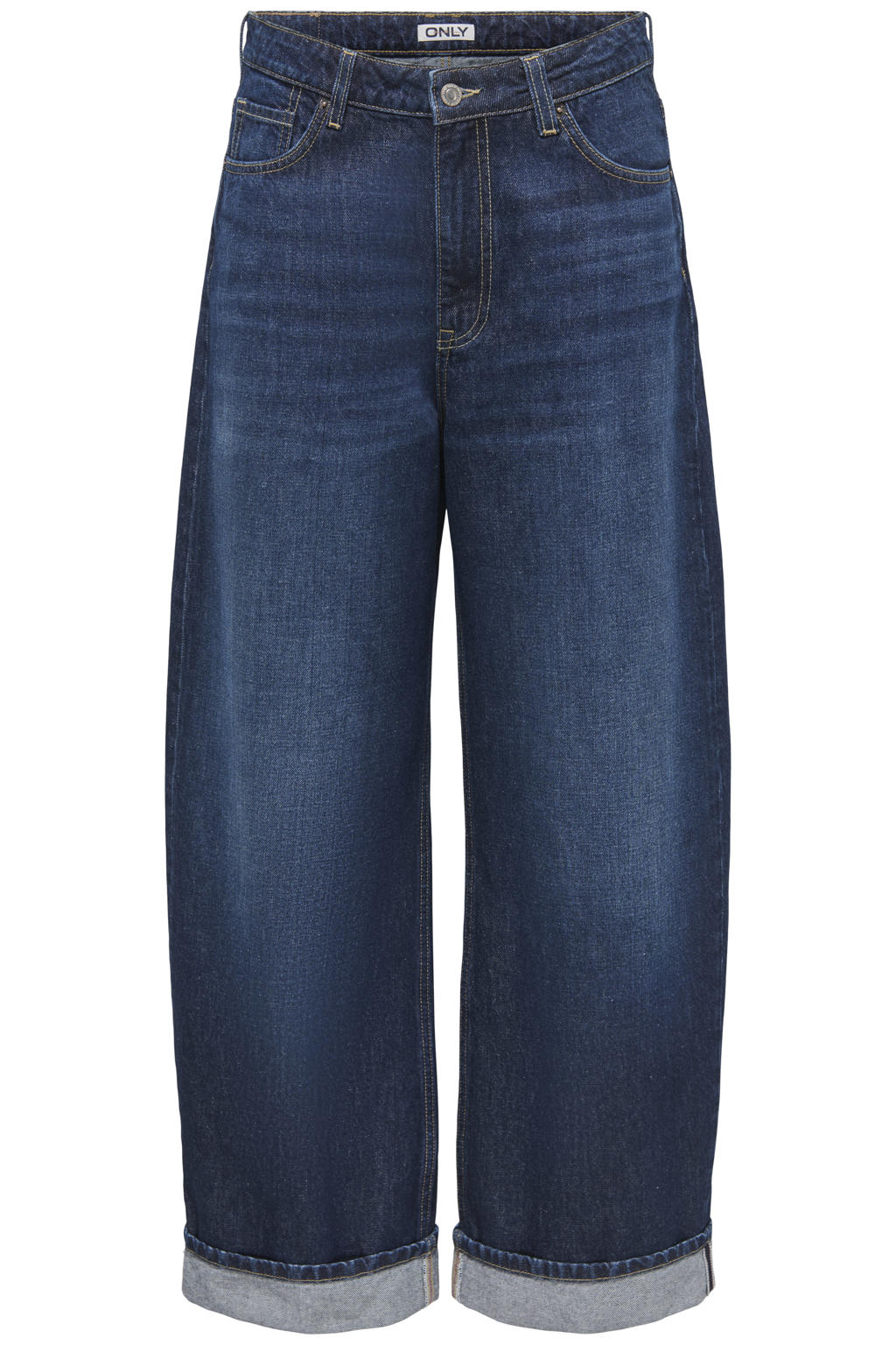 Dark blue denim dames ONLY Onlvanray Mw Loose Fold Up Dnm Cro223 jeans dark blue met high waist, rits- en knoopsluiting en effen