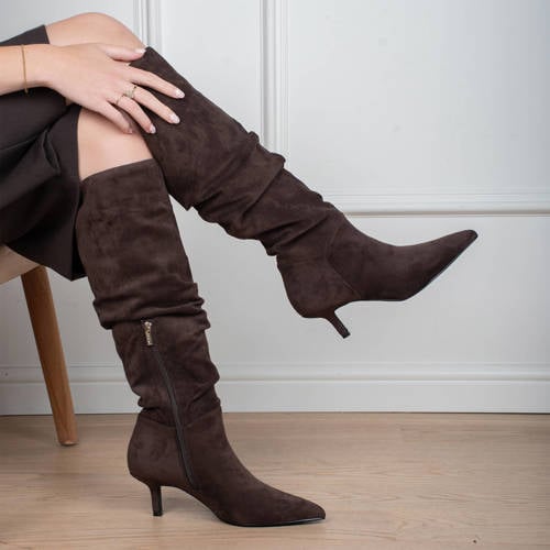 POSH by Poelman Anita suède laarzen met hak donkerbruin