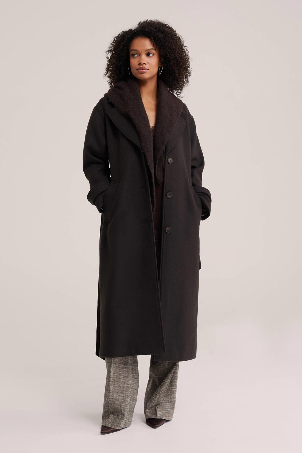 WE Fashion manteljas met ceintuur en wol - bruin