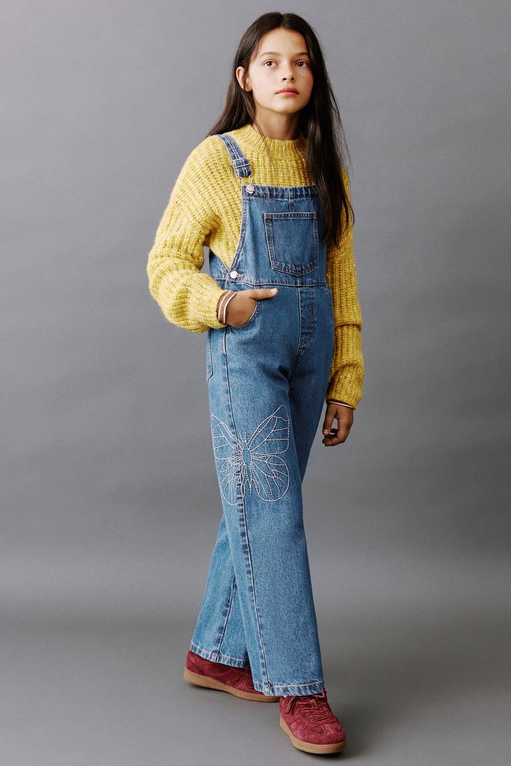 Mango Kids denim straight leg tuinbroek met borduursels - medium blue denim