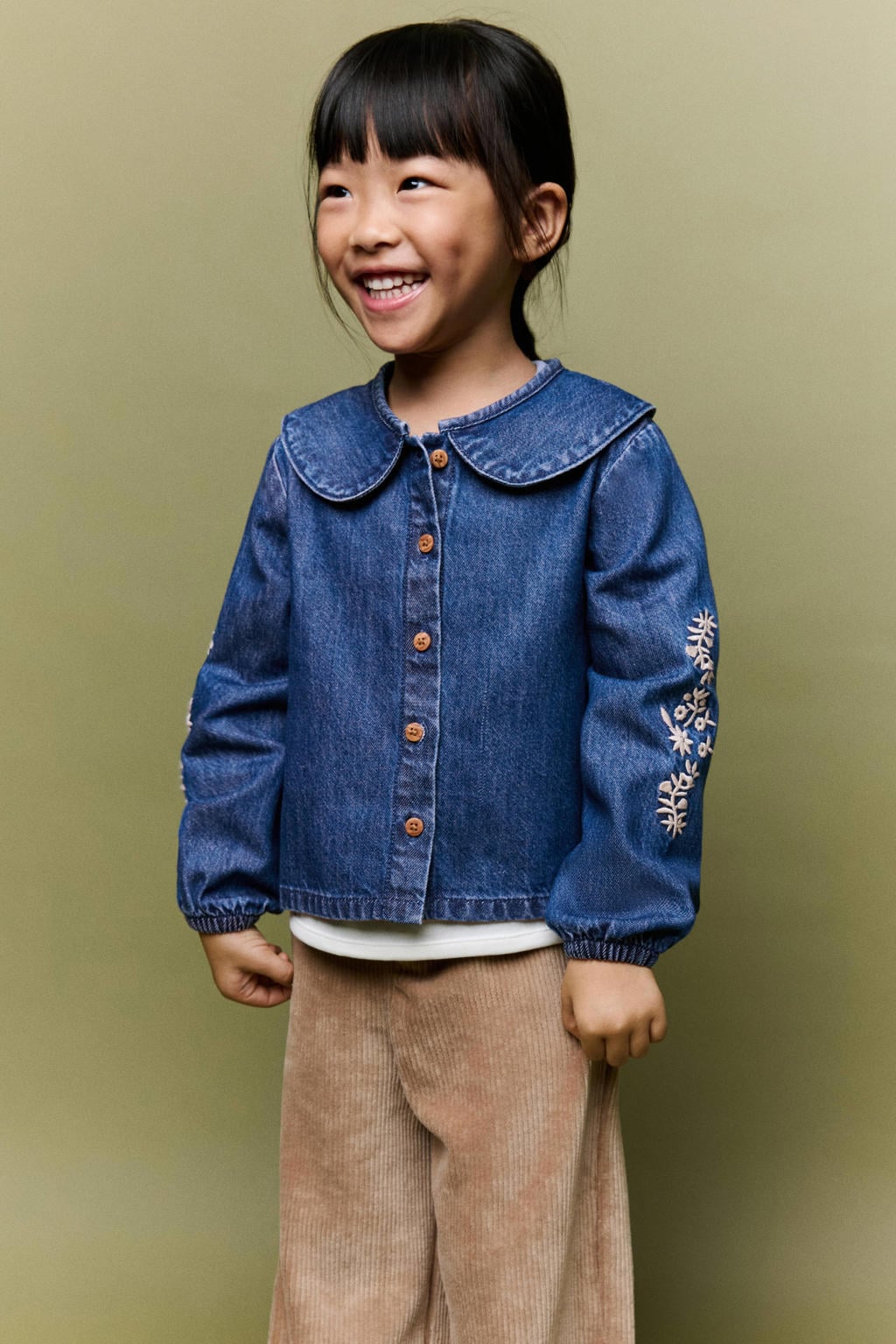 Mango Kids denim blouse met borduursels - donkerblauw