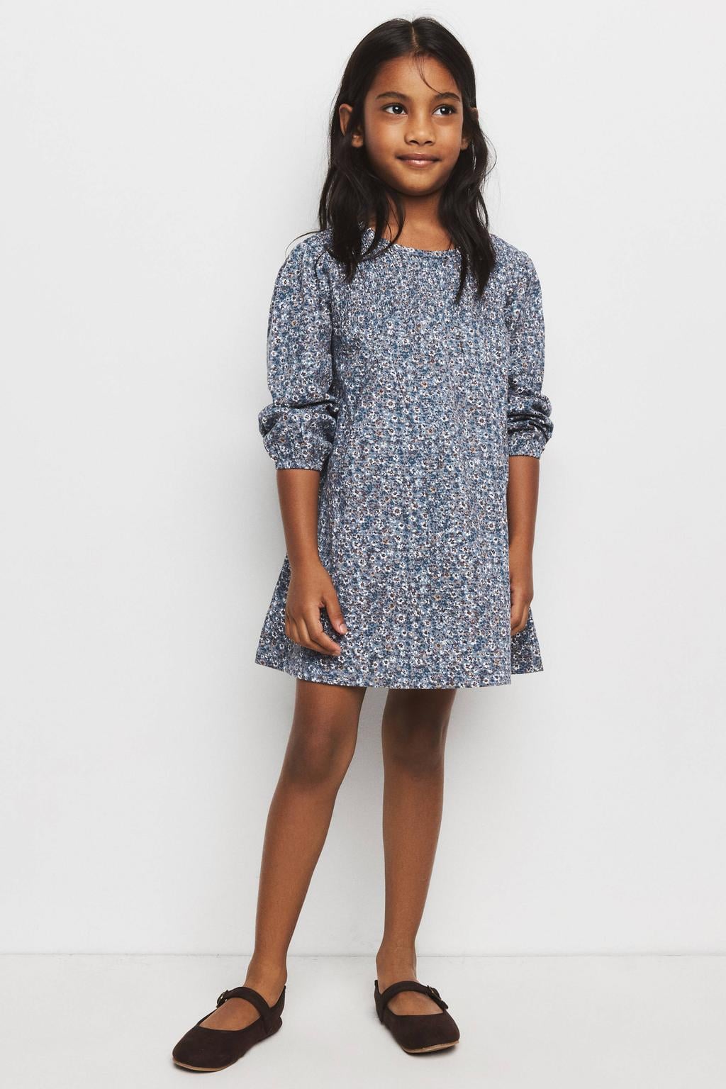 Mango Kids gebloemde midi jurk - blauw/bruin/wit