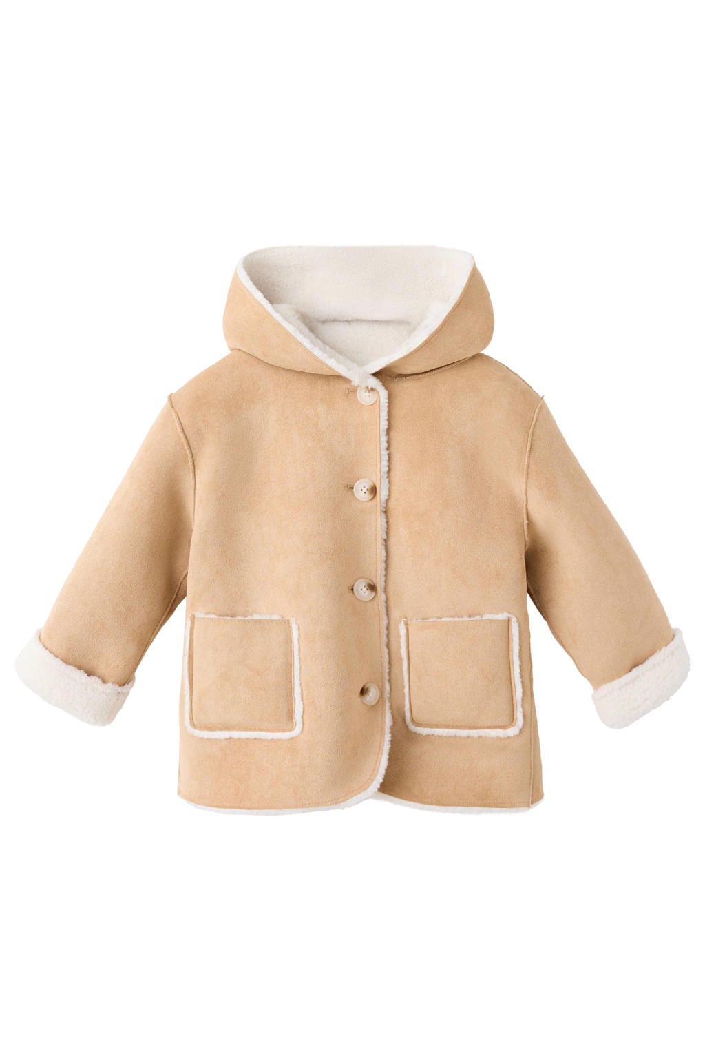 Beige meisjes Mango Kids tussenjas met meerkleurige print, lange mouwen, capuchon en knoopsluiting