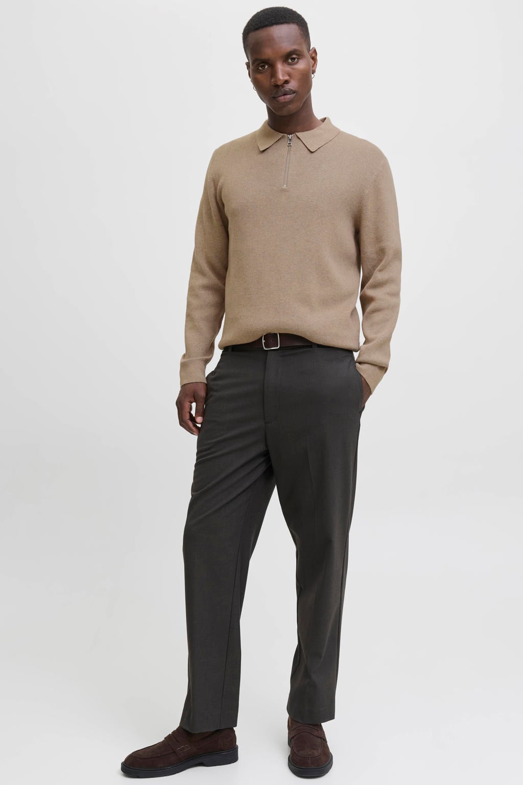 Lichtbruine heren JACK & JONES PREMIUM katoenen relaxed fit gebreide trui met lange mouwen en polo kraag