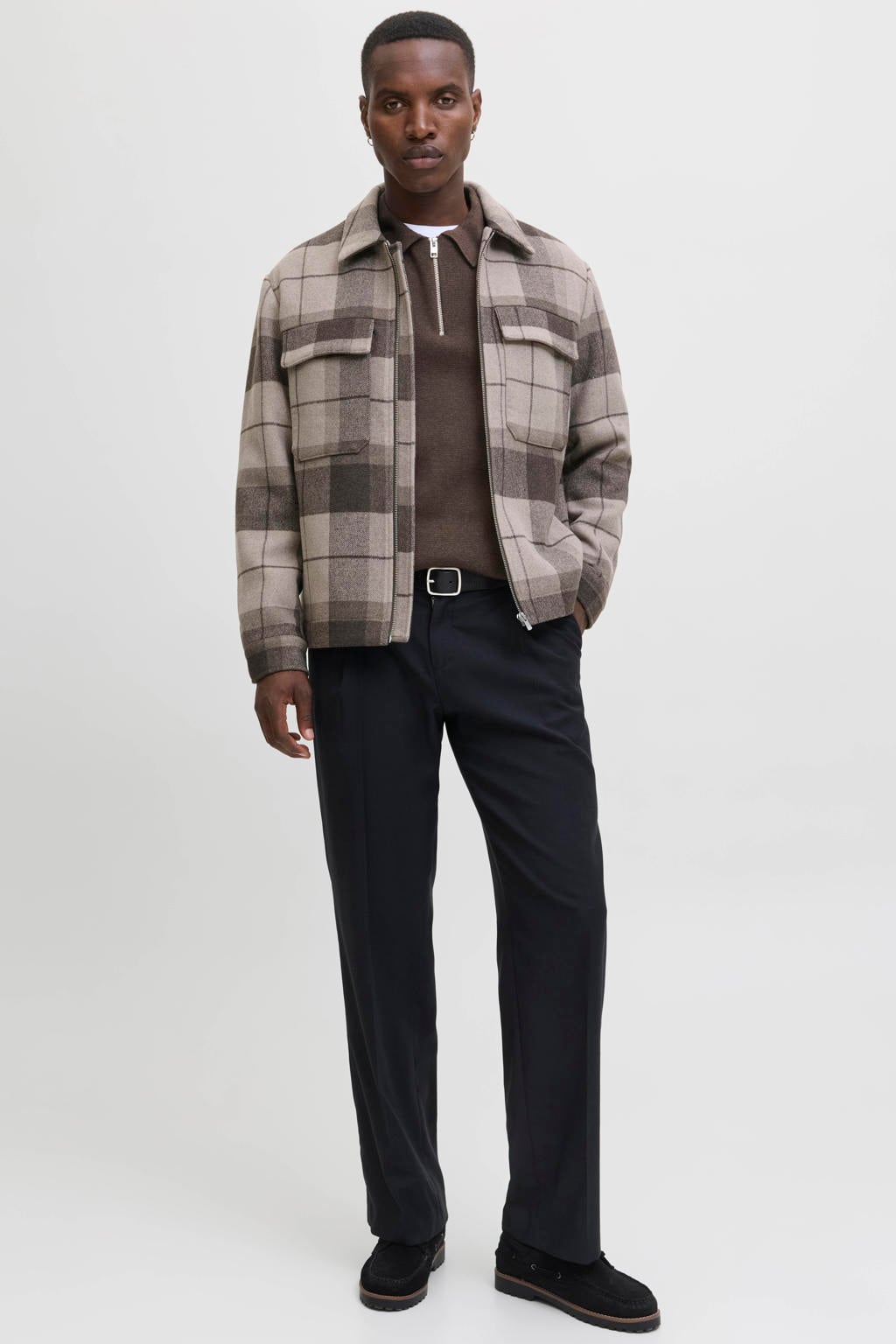 Bruine heren JACK & JONES PREMIUM katoenen relaxed fit gebreide trui met lange mouwen en polo kraag