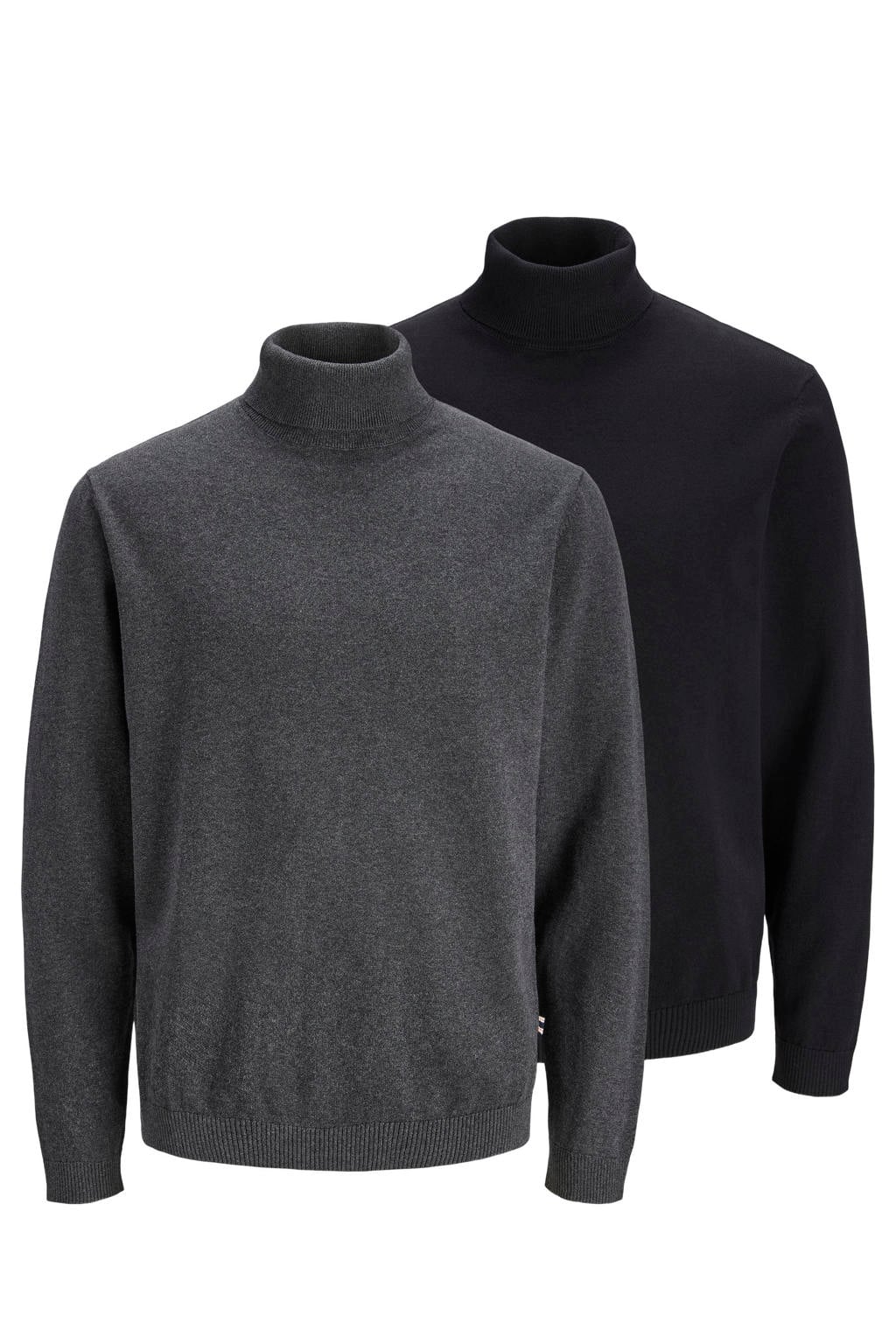 Set van 2 zwart en dark grey heren JACK & JONES ESSENTIALS regular fit gebreide coltrui van katoen met effen en lange mouwen