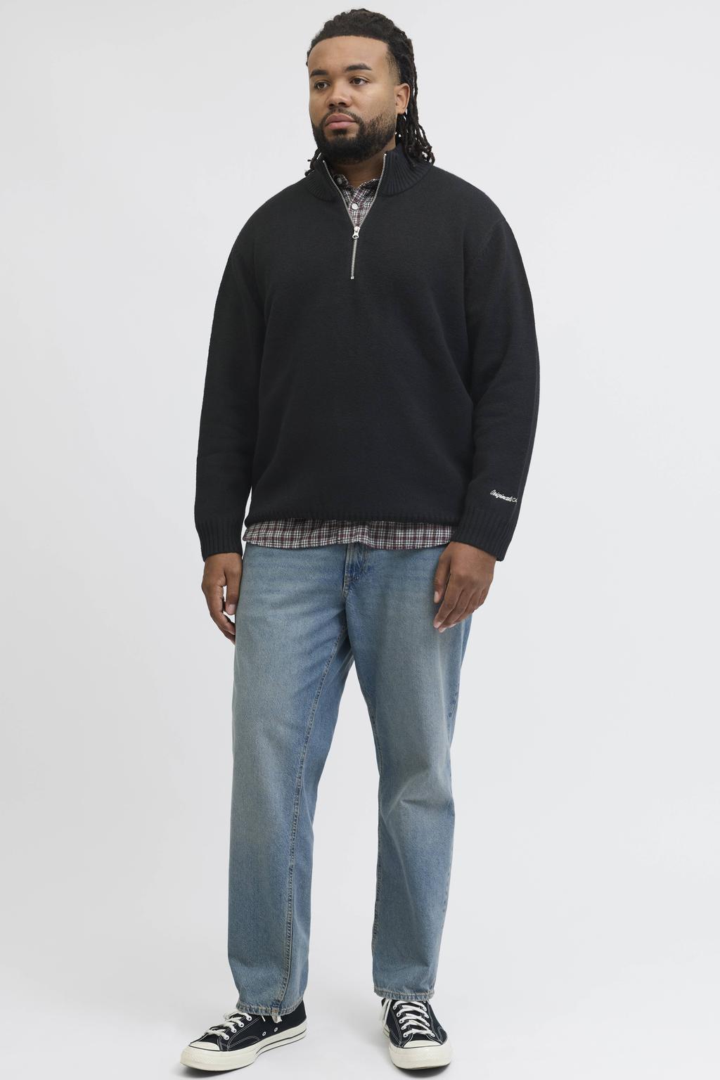 Zwarte heren JACK & JONES PLUS SIZE katoenen relaxed fit gebreide trui met lange mouwen en opstaande kraag