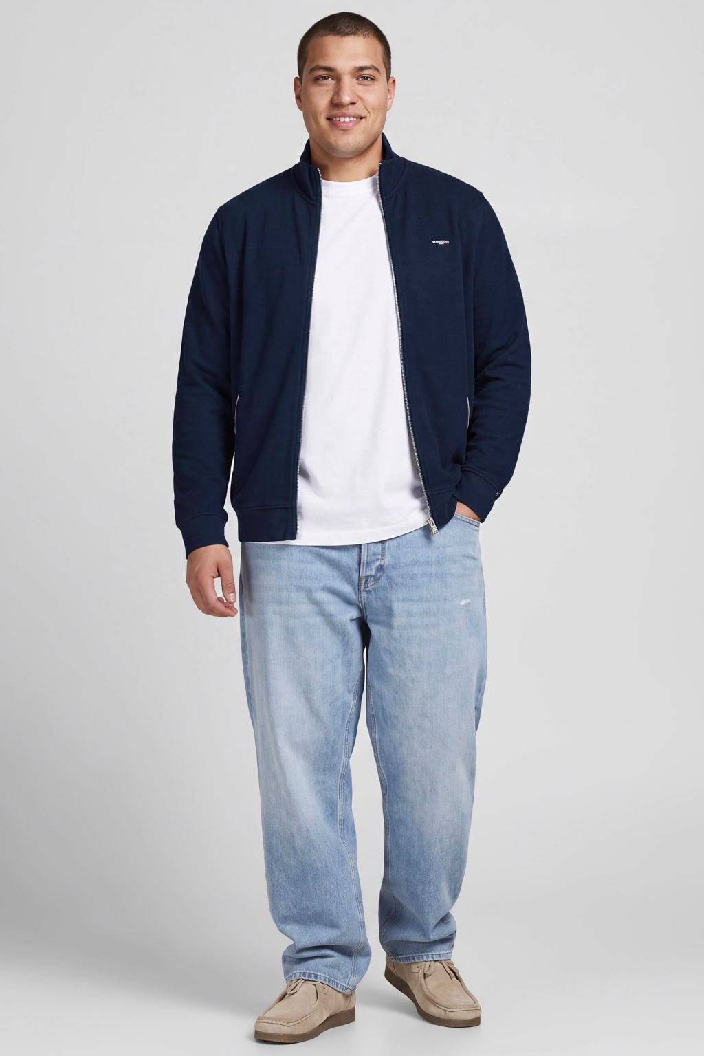 Donkerblauwe heren JACK & JONES PLUS SIZE sweatvest met effen, lange mouwen, opstaande kraag, ritssluiting en textuur