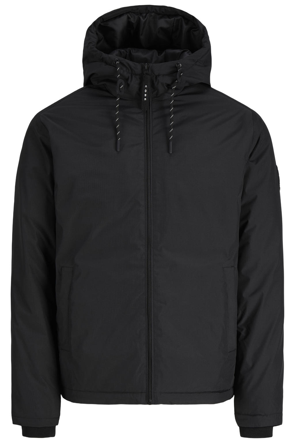 Zwarte heren JACK & JONES PLUS SIZE tussenjas van polyester met effen, lange mouwen, capuchon en ritssluiting