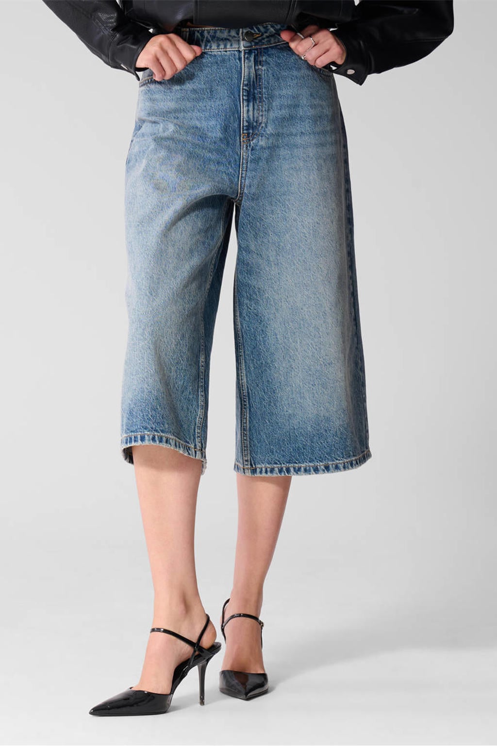 Dark blue denim dames Shoeby wide leg bermuda short van denim met rits- en knoopsluiting en effen